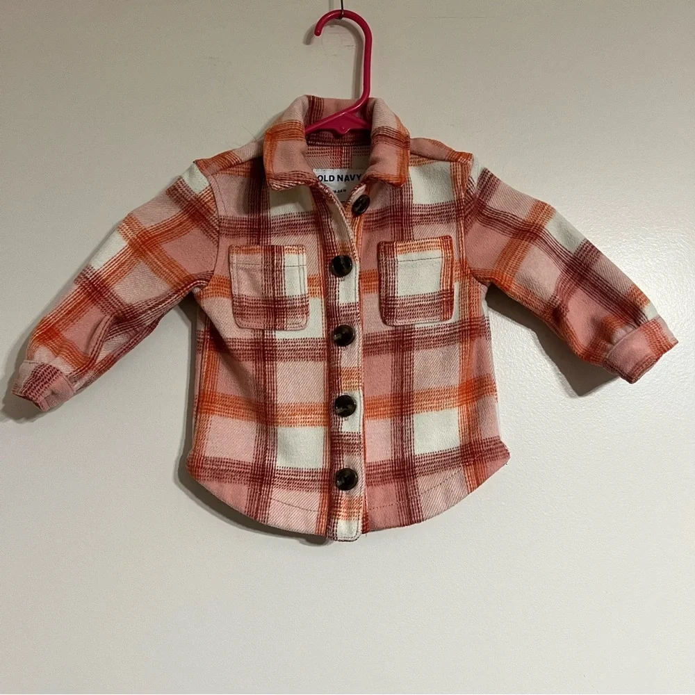 Old Navy Toddler Kids Flannel Plaid Shacket Jacket Size 18-24 Months Pink Orange